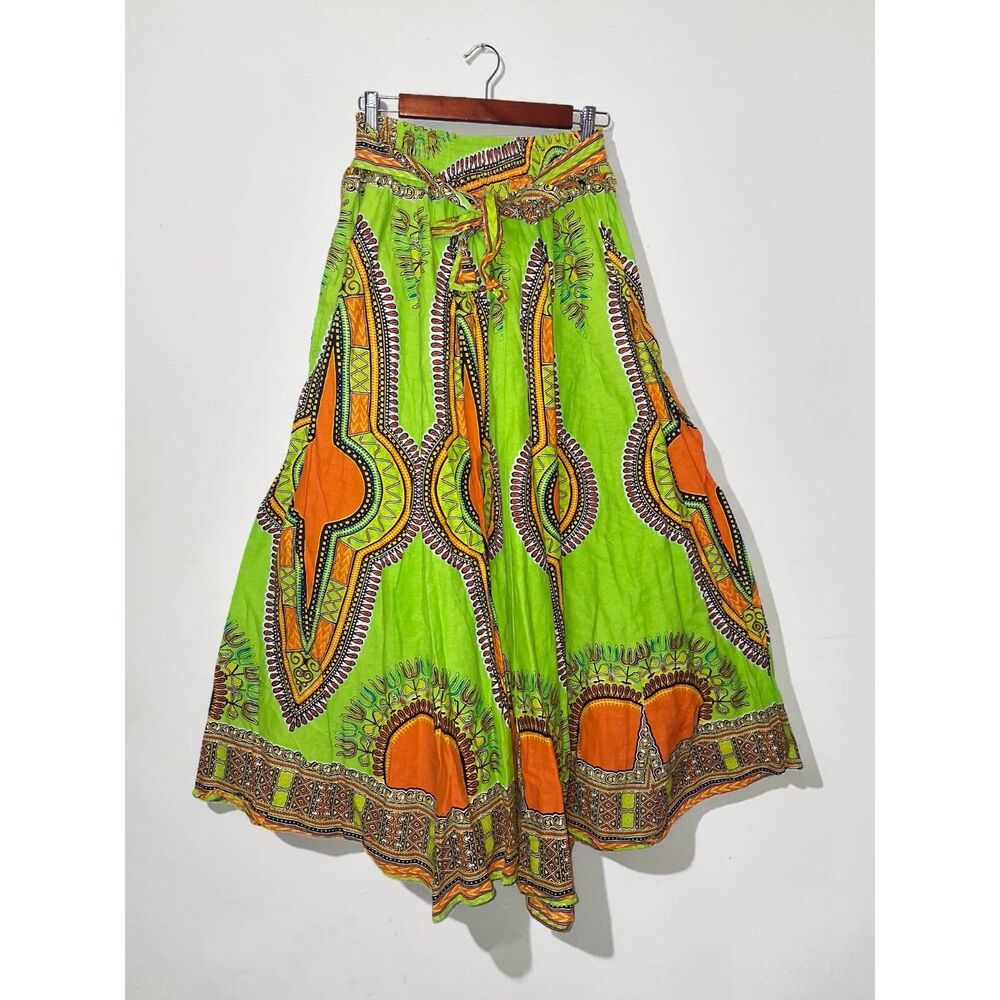 NF Large Green African Dashiki Print Maxi Skirt | Boho Ankara Long Skirt